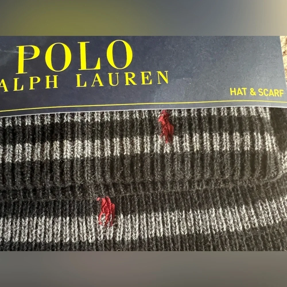 New Polo by Ralph Lauren Scarf and Hat Set in Gray and Black NWT